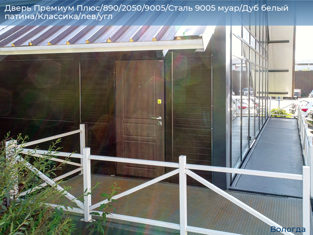 Дверь Премиум Плюс/890/2050/9005/Сталь 9005 муар/Дуб белый патина/Классика/лев/угл, vologda.doorhan.ru